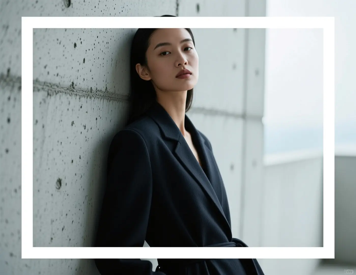 An editorial portrait concept with a direct pose, minimalist setting, and controlled lighting tone.