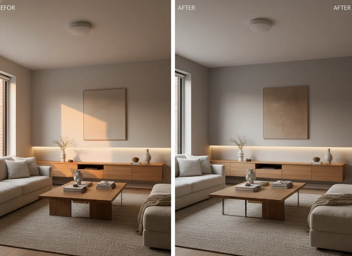 A rapid living-room refresh edit with warmer materials and a more streamlined styling approach.