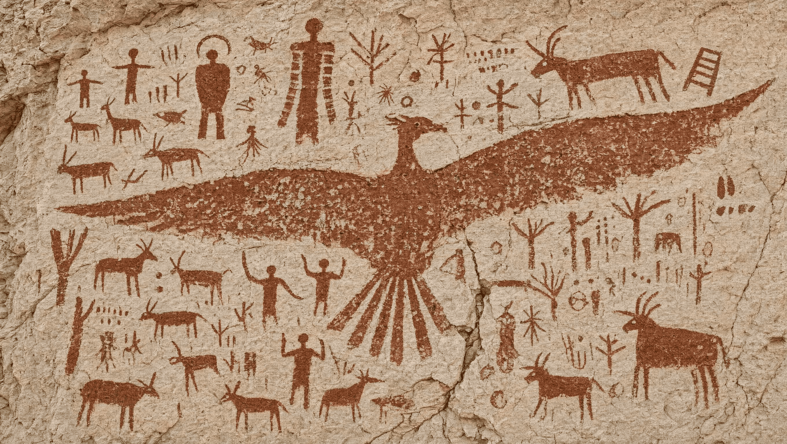 Prehistoric cave painting featuring hunters, game animals, and a large bird figure.