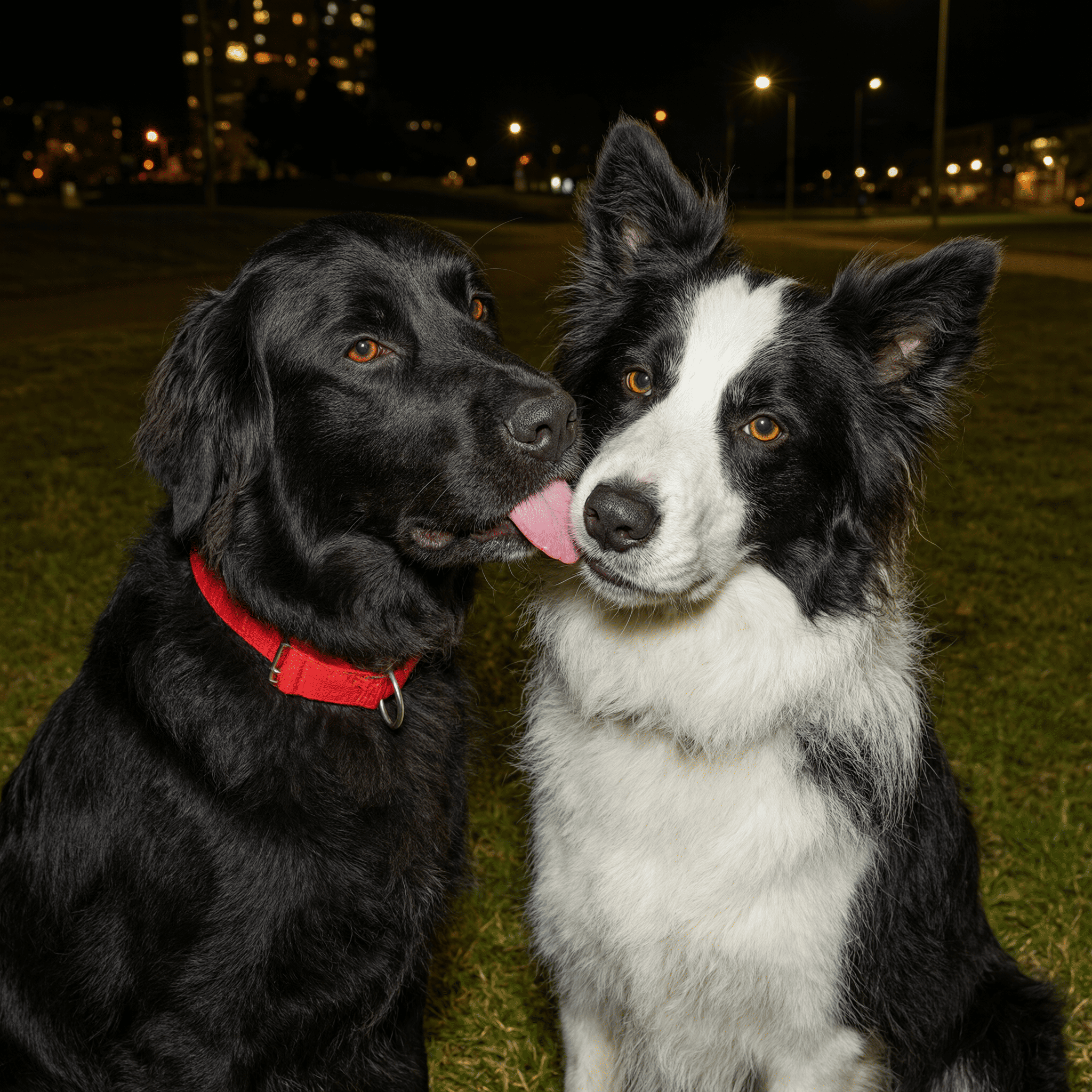 Emotional portrait of two black-and-white dogs outdoors under a night sky.