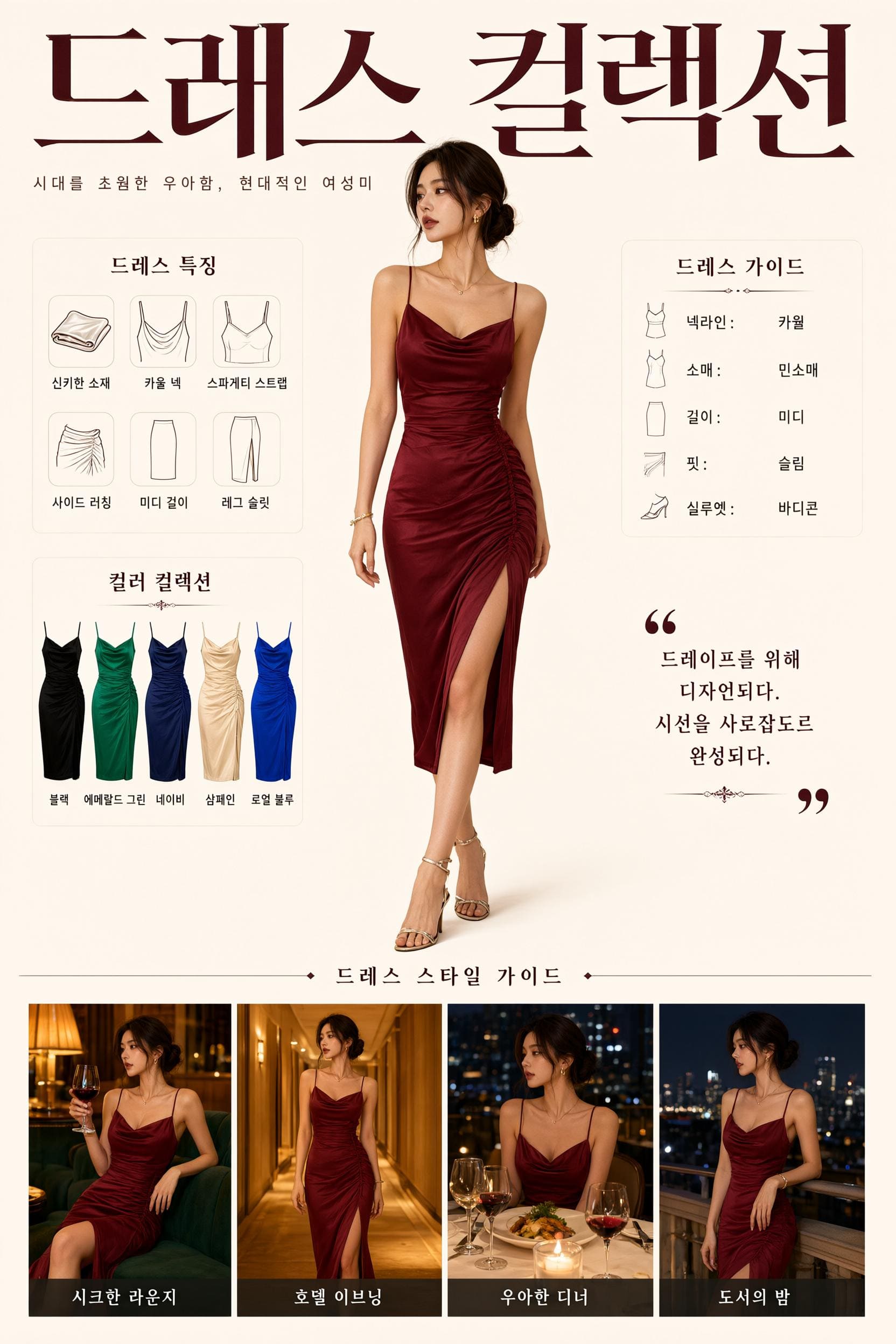 Korean fashion collection infographic featuring a woman in a red dress and detailed product specs.