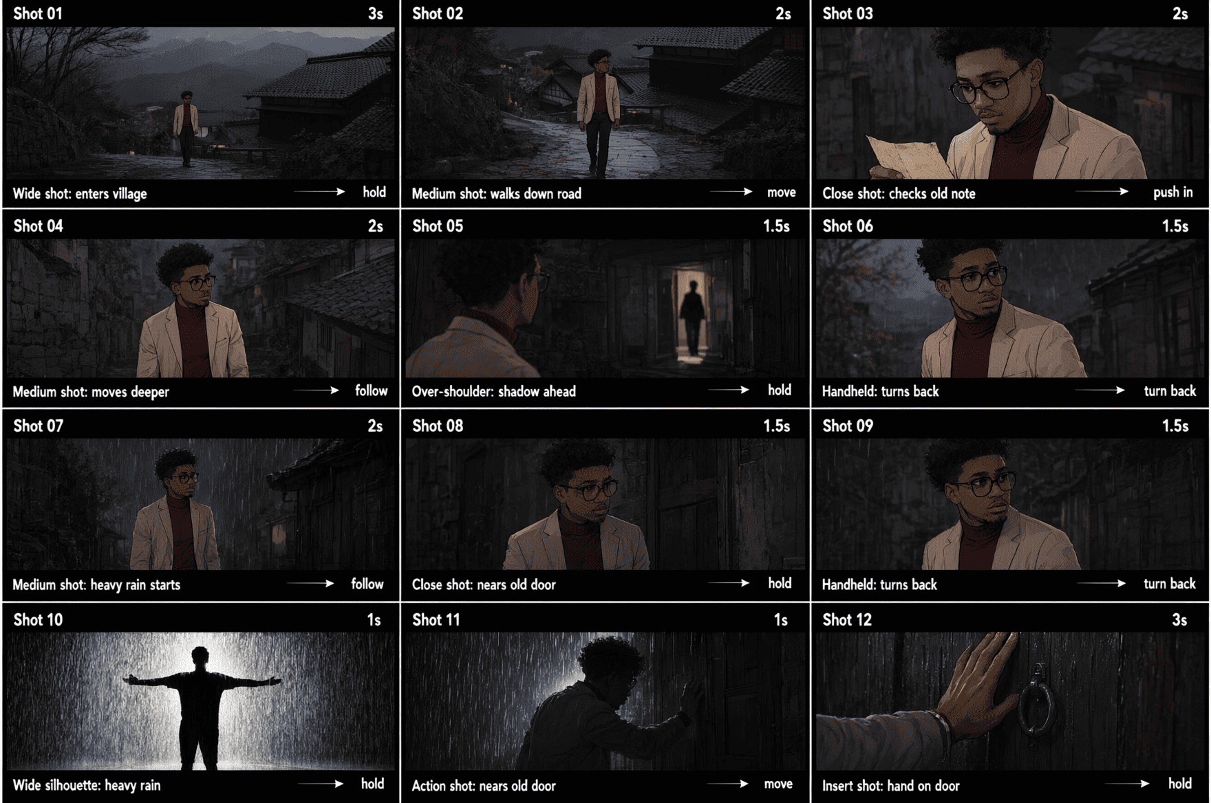 Nine-panel cinematic storyboard showcasing a man in a moody, dramatic environment.